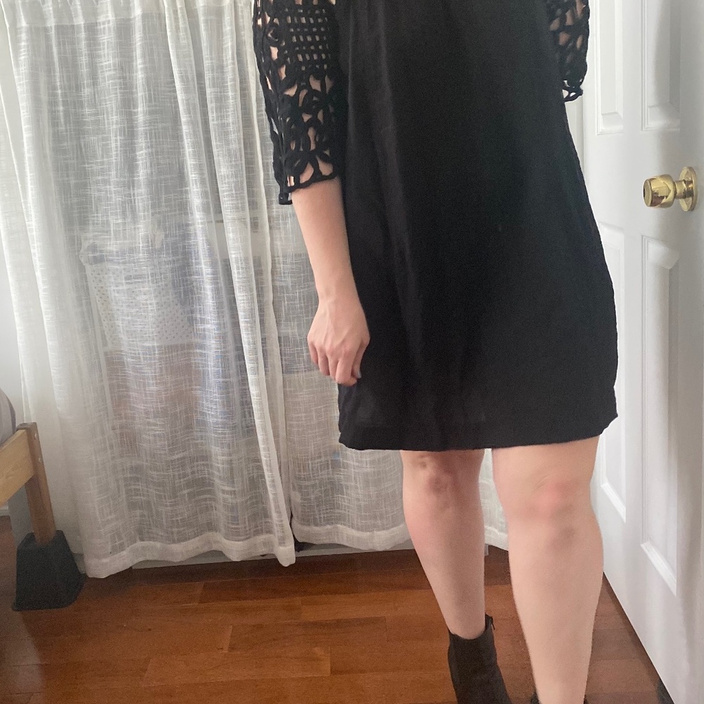 SOLD ON DEPOP - Black mini dress with wide crochet neckline and sleeves